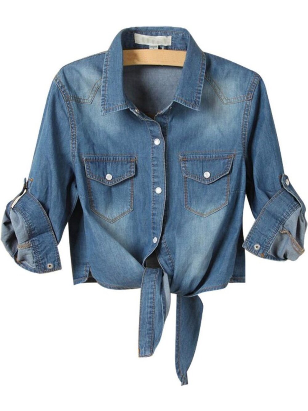 Chic Women's Chambray Crop Top - Denim Shirt with Roll-Up 3/4 Sleeves & Tie